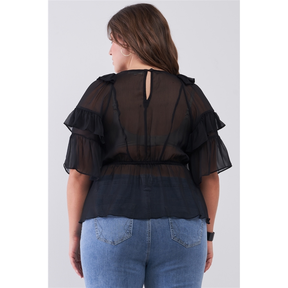 Plus Sheer Mesh Ruffle Lace-up V-neck Detail Wide Sleeve Relaxed Top - Picture 3 of 4